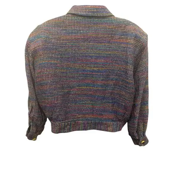 VTG Doncaster Womens XL Silk Tweed Cropped Jacket Rainbow button boxy Black